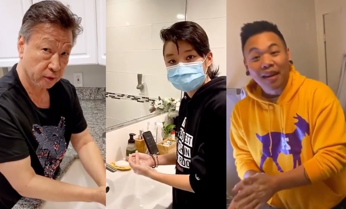 a collage of tzi ma, celia au and aj rafael washing their hands as part of the #washthehate campaign