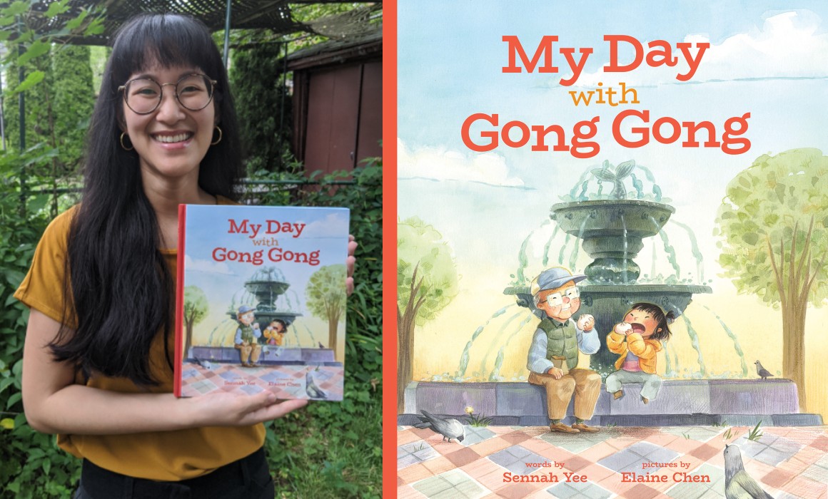 On the left is an image of author Sennah Yee holding a copy of her book, 'My Day With Gong Gong' and on the right is an image of the front cover of 'My Day With Gong Gong'